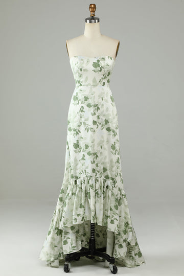 Vestido de Dama de Honor Verde Estampado Sin Tirantes Asimétrico